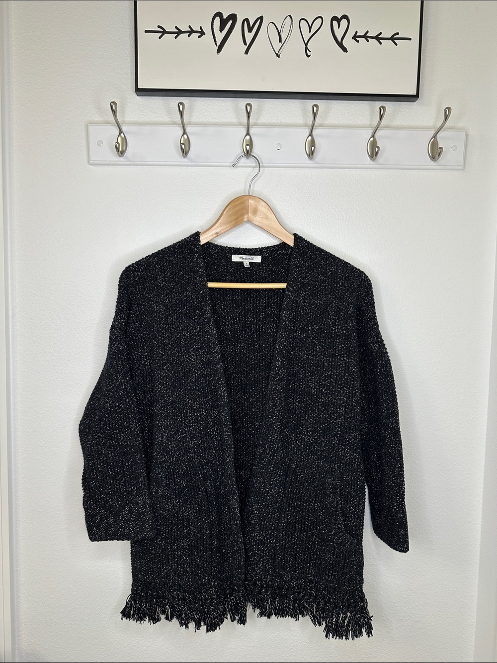 MADEWELL size Small - Black Memento Flecked Open-Front, Fringe, Cotton Cardigan